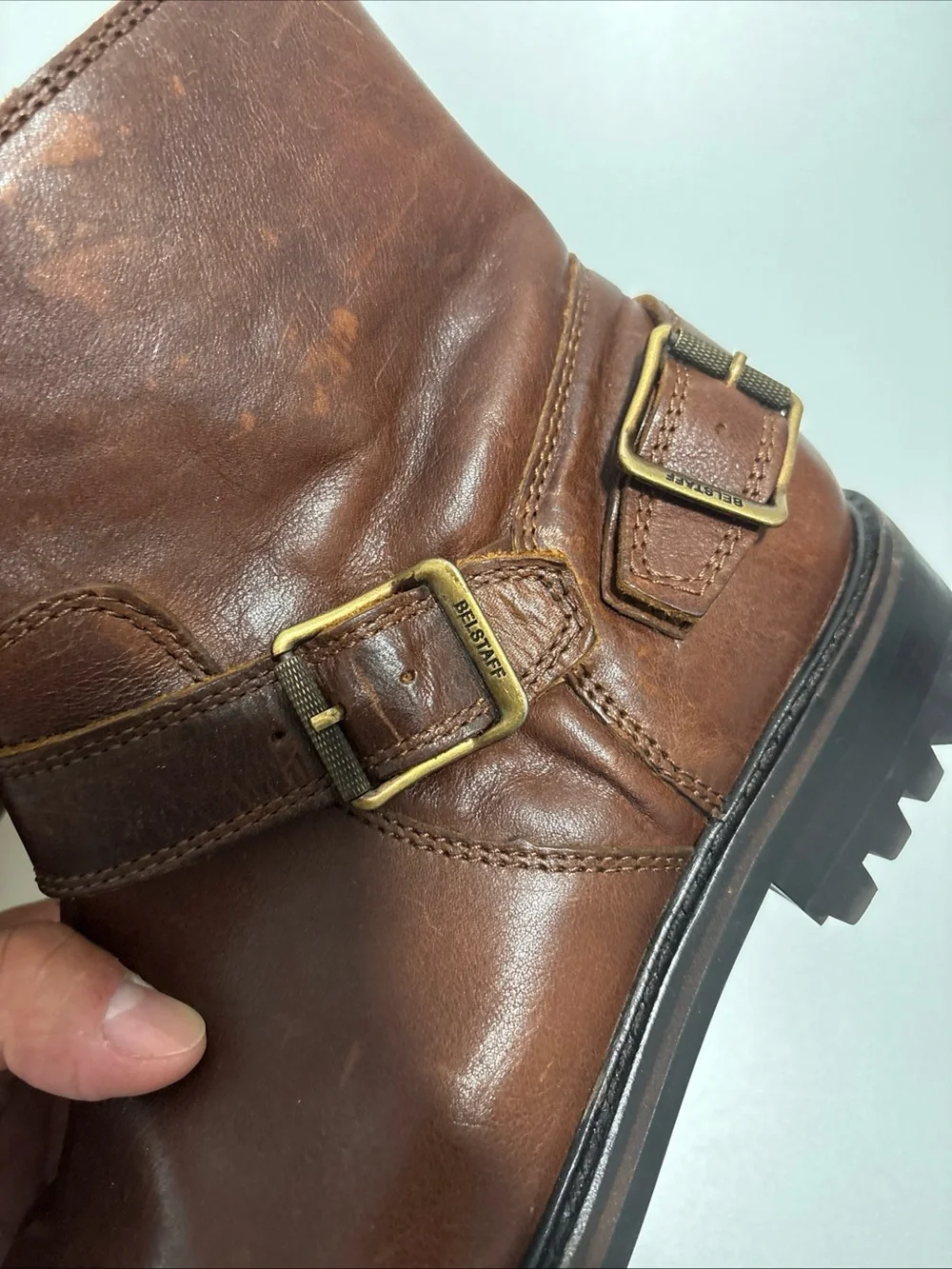 Mens Belstaff brown leather biker metal strap mid high boots size 9.5
